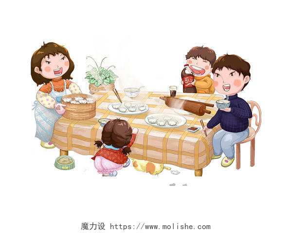 彩色手绘卡通冬至饺子一家人人物吃饺子元素PNG素材